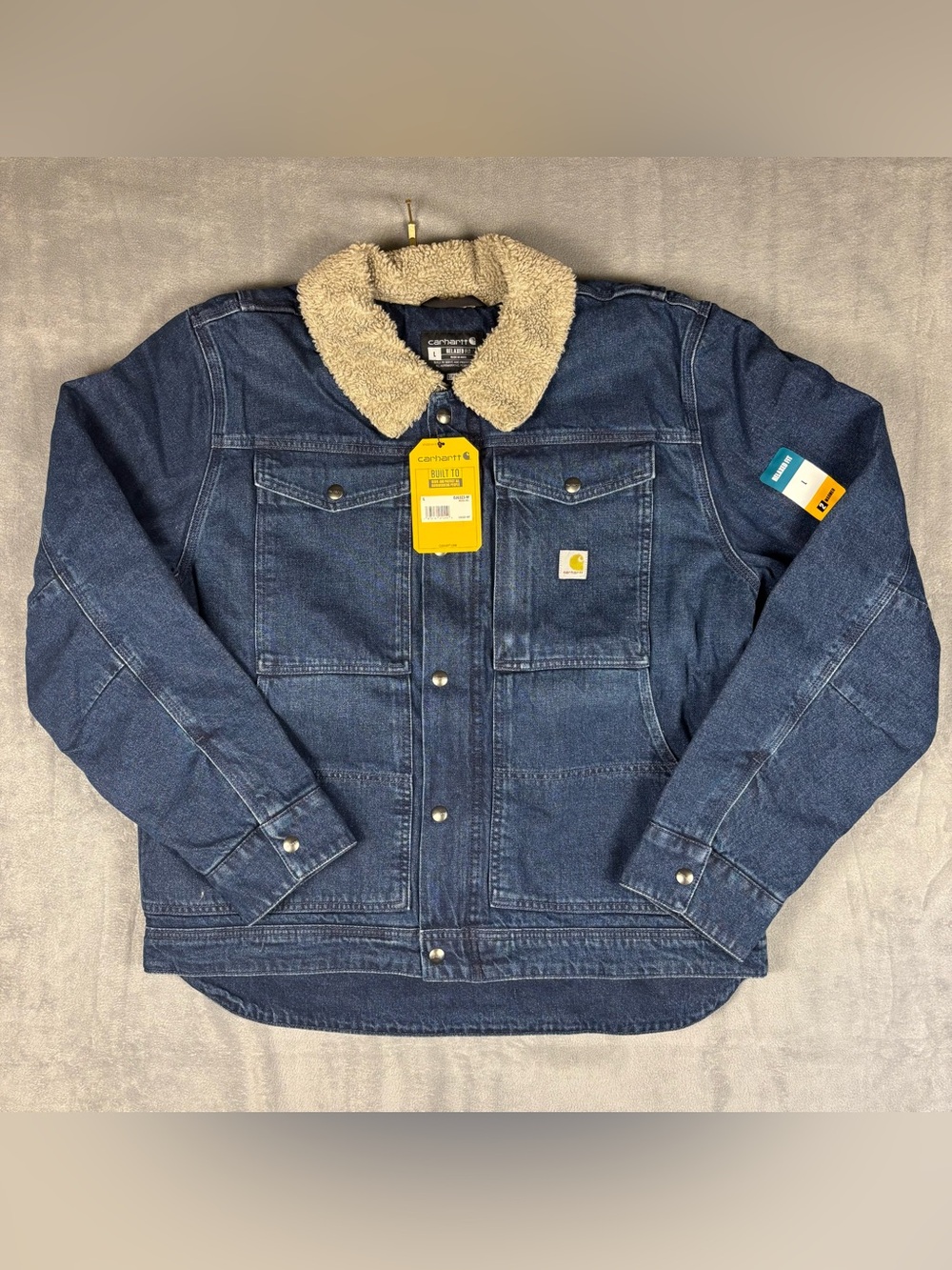 NWT Carhartt Men L Relaxed Fit Sherpa Lined Denim Jacket Dark Wash 106323